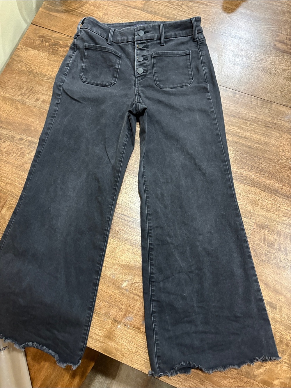NYDJ Black Wide Leg Button Fly Ankle Jeans Trinity Stretch Raw Hems Pockets sz 6